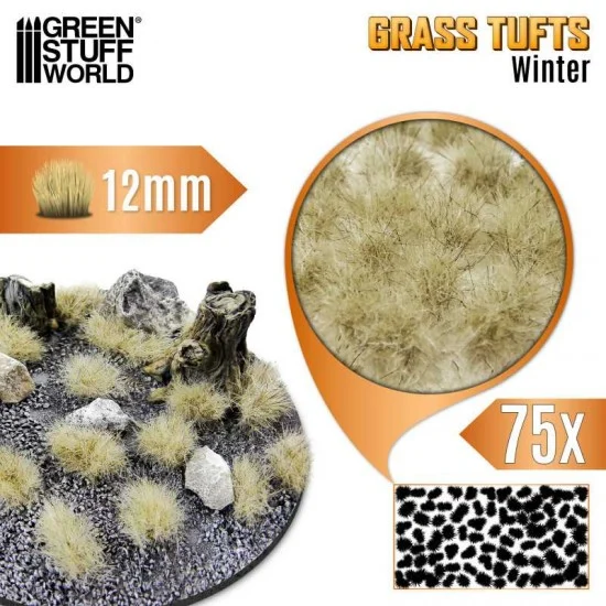 Green Stuff World 12942 Winter White Grass Tufts (Fiber Size: 12mm high, sheet 7x14 cm, 75pcs) - Scenics & Diorama