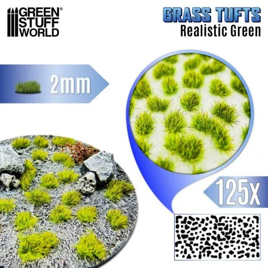 Green Stuff World 12945 Realistic Green Grass Tufts XXL (Fiber Size: 2mm high, 125pcs) - Scenics & Diorama