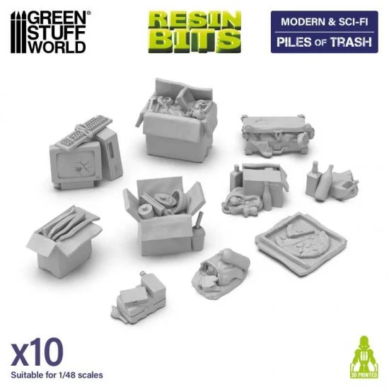 Green Stuff World 13305 1/48 Modern / Sci-fi - Piles of Trash for Dioramas, Scale Models, Board Games (10pcs)