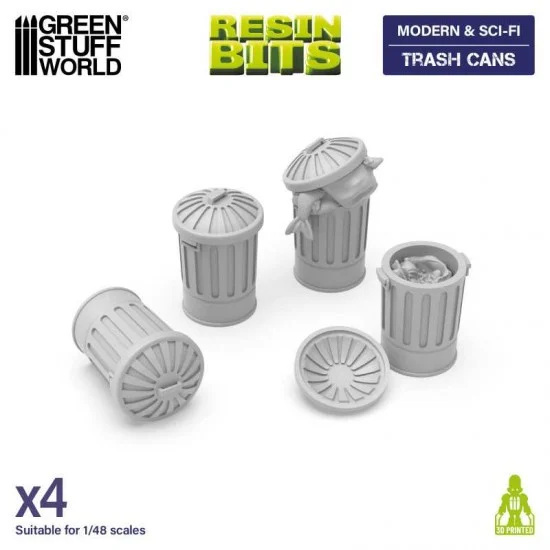 Green Stuff World 13307 1/48 Modern / Sci-fi - Trash Cans for Dioramas, Scale Models, Board Games (4pcs)