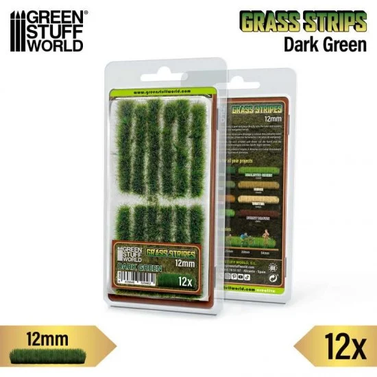 Green Stuff World 13446 Model Grass Tuft Strips #Dark Green (Fiber 12mm high, Length 6cm, Sheet 7x14cm) - Scenics & Diorama