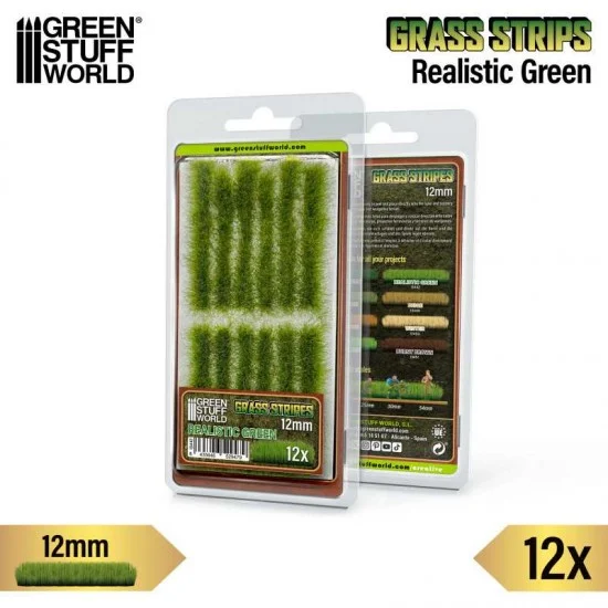 Green Stuff World 13447 Model Grass Tuft Strips #Realistic Green (Fiber 12mm high, Length 6cm, Sheet 7x14cm) - Scenics & Diorama