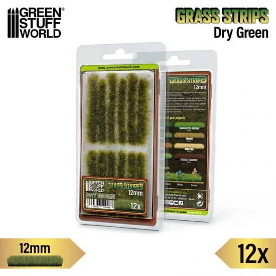 Green Stuff World 13448 Model Grass Tuft Strips #Dry Green (Fiber 12mm high, Length 6cm, Sheet 7x14cm) - Scenics & Diorama