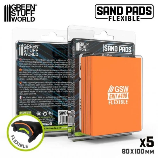 Green Stuff World 13609 Flexible Sand Pads Grit #400 Colour DARK ORANGE (5pcs, each 100x80x5mm) - Hobby Tools & Supplies