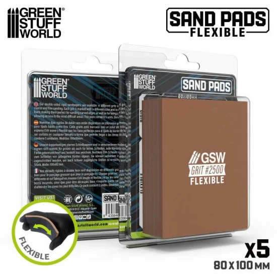Green Stuff World 13614 Flexible Sand Pads Grit #2500 Colour DARK BROWN (5pcs, each 100x80x5mm) - Hobby Tools & Supplies