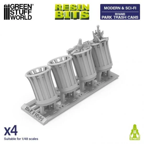 Green Stuff World 13644 1/48 Modern/Sci-fi - Round Park Trash Cans (4pcs)