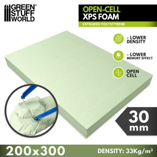 Green Stuff World 5140 30mm Polystyrene Open-Cell XPS Foam (200 x 300mm, density: 33 kg/m³)