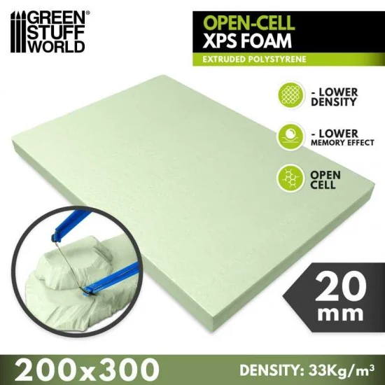 Green Stuff World 5141 20mm Polystyrene Open-Cell XPS Foam (200 x 300mm, density: 33 kg/m³)