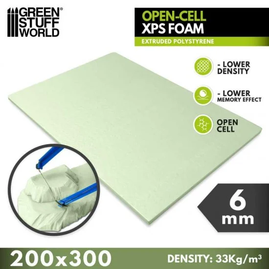 Green Stuff World 5392 6mm Polystyrene Open-Cell XPS Foam (200 x 300mm, density: 33 kg/m³)