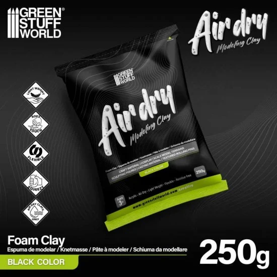Green Stuff World 5716 Air Dry Modeling Foam Clay (250g, Black) - Hobby Tools & Supplies