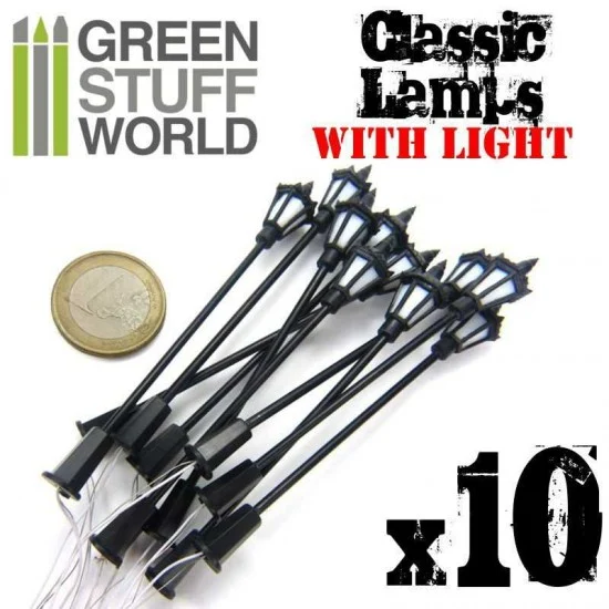 Green Stuff World 9269 28mm Scale Classic Lamps with LED Lights (height: 8.5cm, 10pcs) - Scenics & Diorama