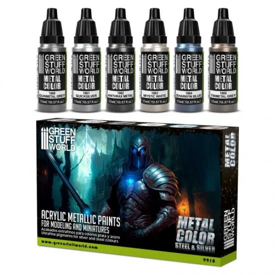 Green Stuff World 9910 Acrylic Metallic Paint Set - Metal Colour Steel and Silver (6x 17ml)