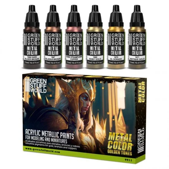 Green Stuff World 9911 Acrylic Metallic Paint Set - Metal Colour Golden Tones (6x 17ml)