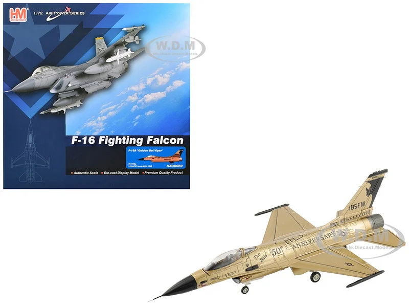 Lockheed F-16A Fighting Falcon Fighter Aircraft "85-1565, Golden Bat Viper, 185 ARW, Iowa ANG, Squadron 50th Anniversary" (2022) United States Air Force "Air Power Series" 1/72 Diecast Model by Hobby Master