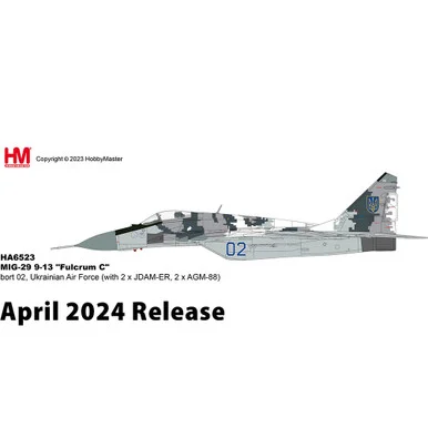 MIG-29 9-13 Fulcrum C 1/72 Die Cast Model - HA6523 Ukrainian Air Force (with 2 x JDAM-ER, 2 x AGM-88)