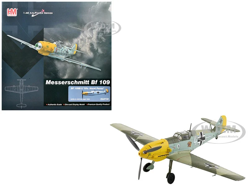 Messerschmitt Bf 109E-3 Fighter Aircraft "White 4, Unteroffizier Horst Perez, 4/JG 26" (1940) German Luftwaffe "Air Power Series" 1/48 Diecast Model by Hobby Master