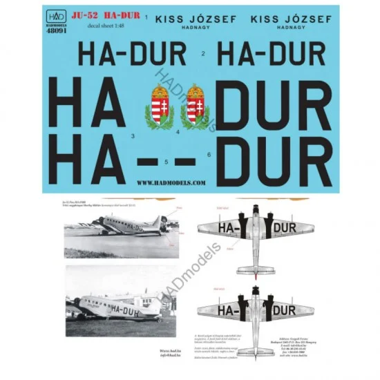HAD Models 48091 Decals for 1/48 Ju-52/3m (HA-DUR Miklos Horthy's Plane)