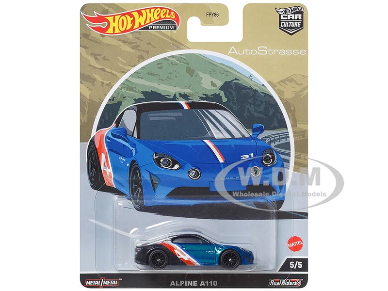Alpine A110 Blue Metallic and Black with Graphics "Auto Strasse" Series Diecast Model Car by Hot Wheels - Renault Models