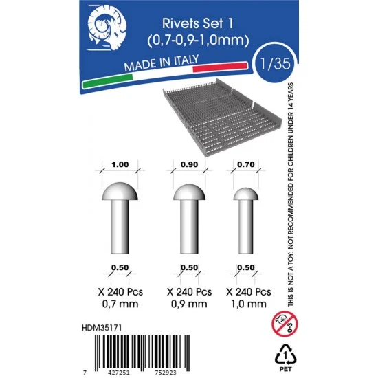 HD Models 35171 1/35 Rivets (diameter: 0.7mm, 0.9mm, 1mm, 240pcs each) - Military Vehicles & Tanks