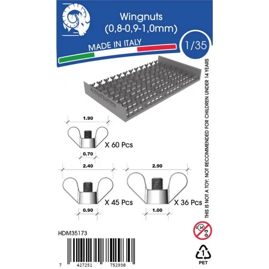 HD Models 35173 1/35 Wingnuts: Dia. 0.7x1.9mm (60pcs), 0.9x2.4mm (45pcs), 1.0x2.9mm (36pcs) - Hobby Tools & Supplies