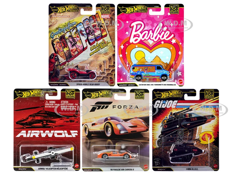 "Pop Culture 2025" 5 piece Set Q "Premium Series" Diecast Model Cars by Hot Wheels - Movie/TV Series Models