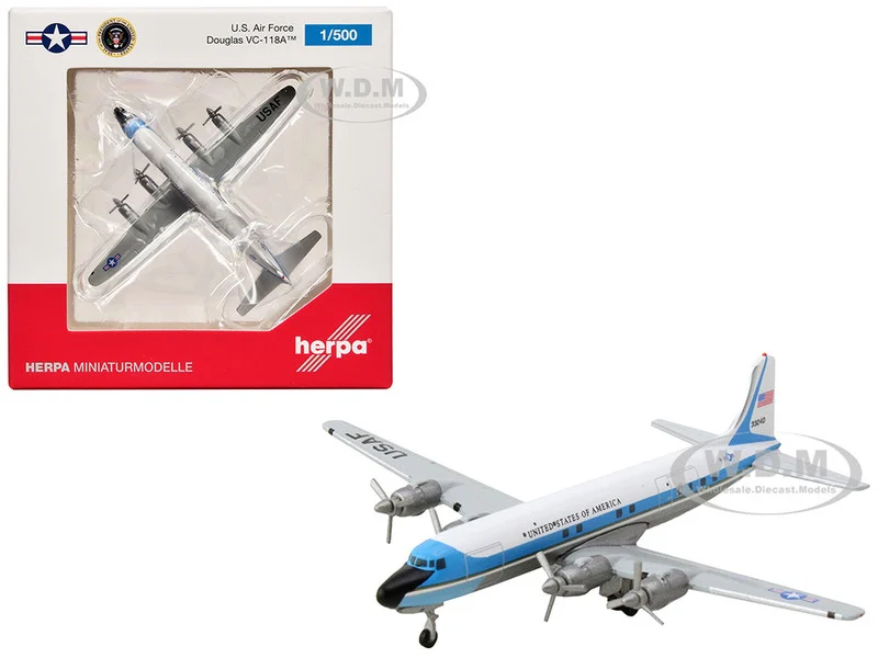 Douglas VC-118A Transport Aircraft "United States Air Force One, 1254th Air Transport Wing, Andrews Air Base" (53-3240) White with Blue Stripes 1/500 Diecast Model Airplane by Herpa