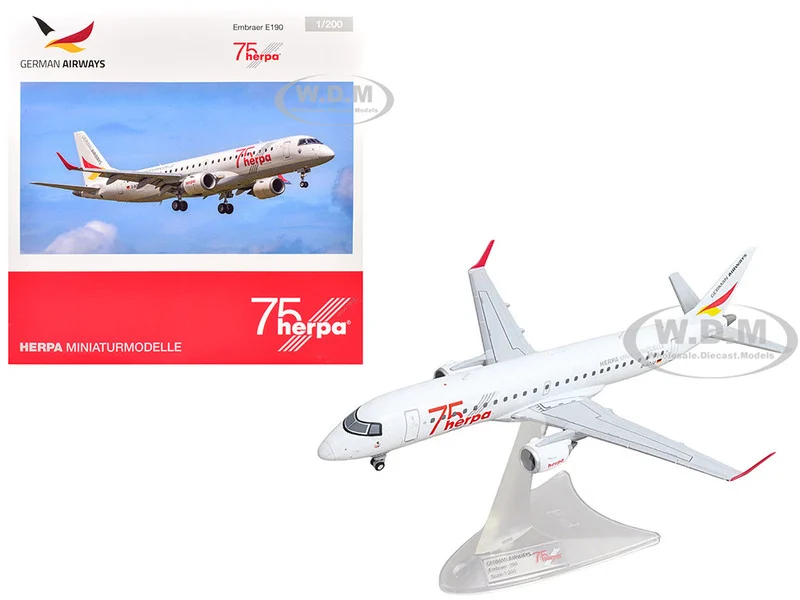 Embraer E190 Commercial Aircraft "German Airways - Herpa 75 Years" (D-ACJJ) White with Graphics 1/200 Diecast Model Airplane by Herpa