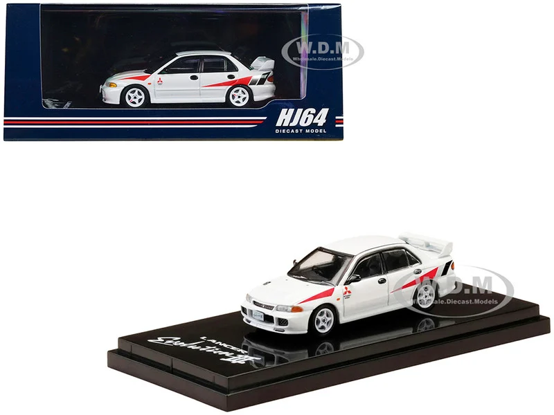 Mitsubishi Lancer RS Evolution III RHD (Right Hand Drive) Scortia White with Red Rally Stripes 1/64 Diecast Model Car by Hobby Japan - Mitsubishi Models