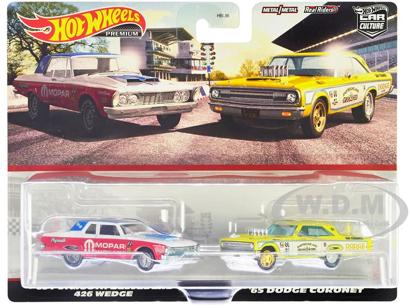 1963 Plymouth Belvedere 426 Wedge "MOPAR" White and Red with Blue Top and 1965 Dodge Coronet "Eastbound and Crowned" Yellow and White "Car Culture" Set of 2 Cars Diecast Model Cars by Hot Wheels - Dodge Models