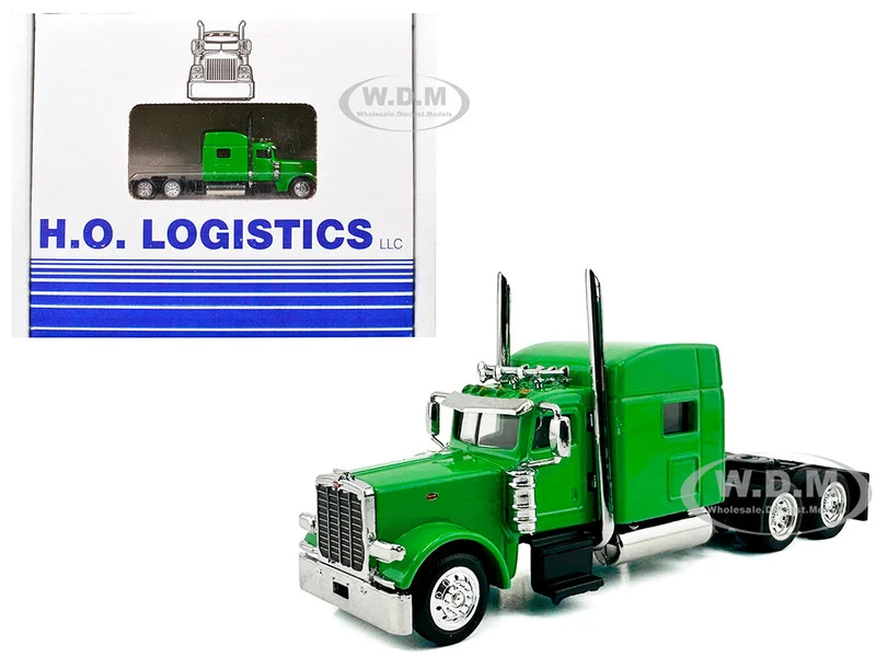 Peterbilt 389 Truck Tractor with Sleeper Cab Lime Green and Low Boy Flatbed Trailer Black Combo Set 1/87 (HO) Plastic Model Car by HO Logistics - Peterbilt Models