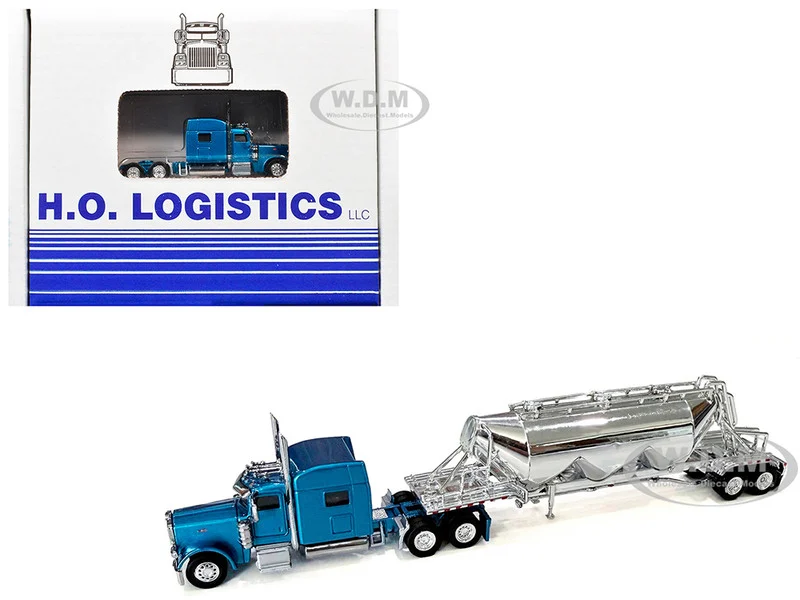 Peterbilt 389 Truck Tractor with Sleeper Cab Blue Metallic and Pneumatic Tank Trailer Chrome Combo Set 1/87 (HO) Plastic Model Car by HO Logistics - Peterbilt Models