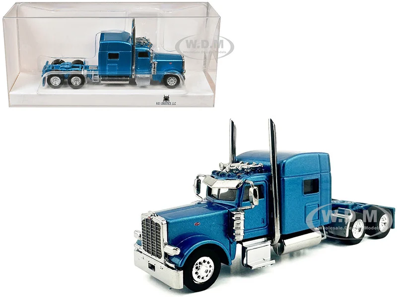 Peterbilt 389 Truck Tractor with Sleeper Cab Blue Metallic 1/87 (HO) Plastic Model Car by HO Logistics - Peterbilt Models
