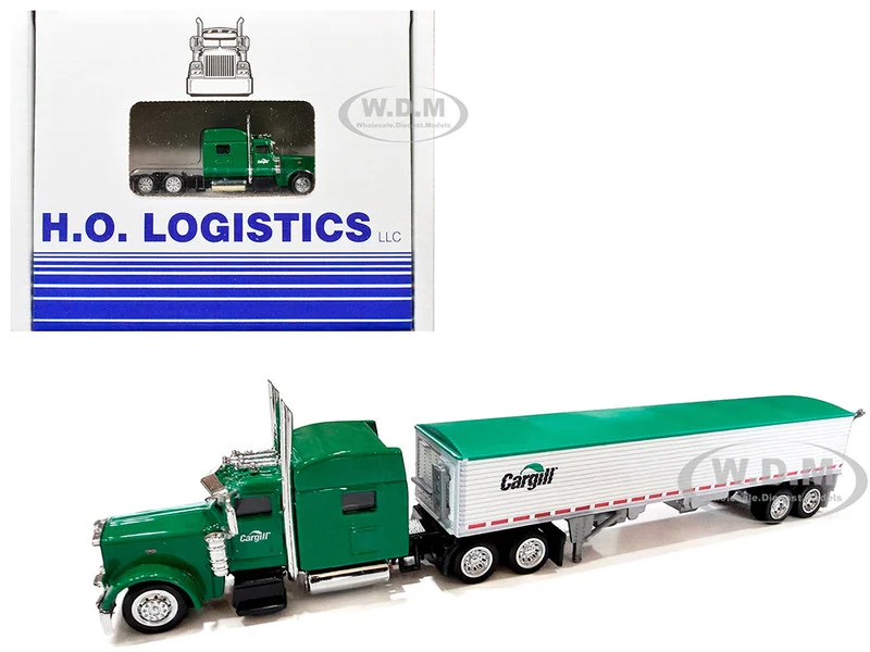 Peterbilt 389 Truck Tractor with Sleeper Cab "Cargill" Green and Covered Grain Trailer White with Green Tarp Combo Set 1/87 (HO) Plastic Model Car by HO Logistics - Peterbilt Models