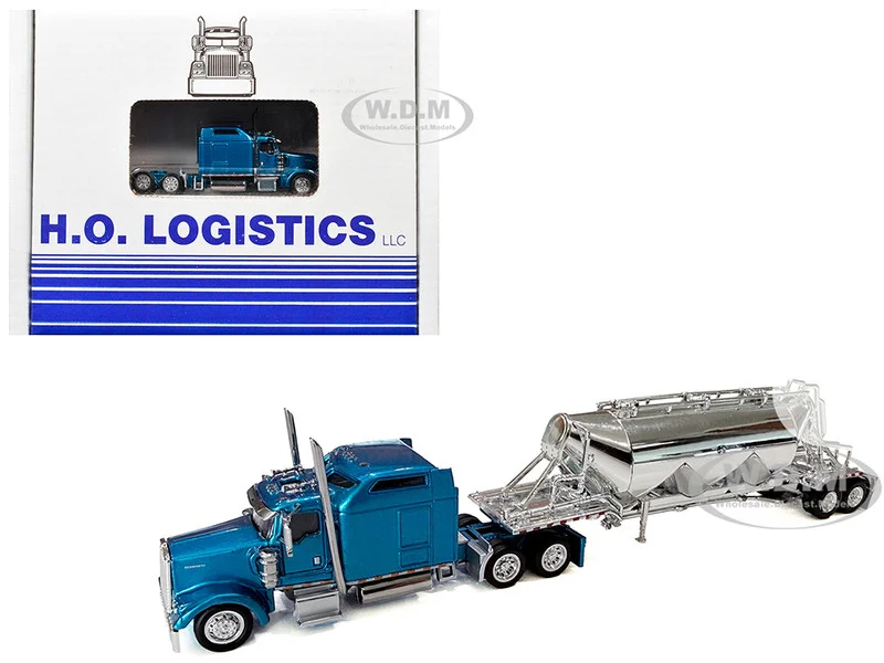 Kenworth W900L Truck Tractor with Sleeper Cab Blue Metallic and Pneumatic Tank Trailer Combo Set 1/87 (HO) Plastic Model Car by HO Logistics - Kenworth Models