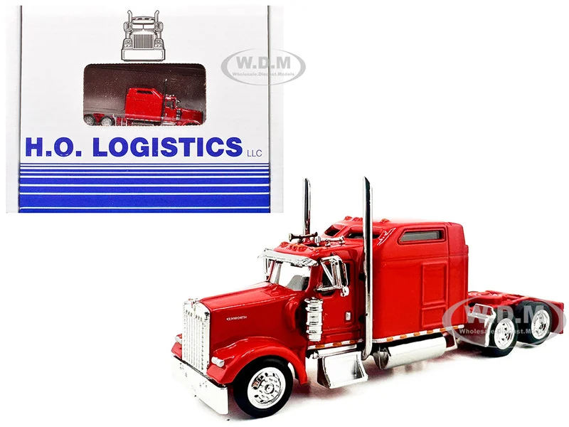 Kenworth W900L Truck Tractor with Sleeper Cab Red and Covered Grain Trailer White with Red Tarp Combo Set 1/87 (HO) Plastic Model Car by HO Logistics - Kenworth Models