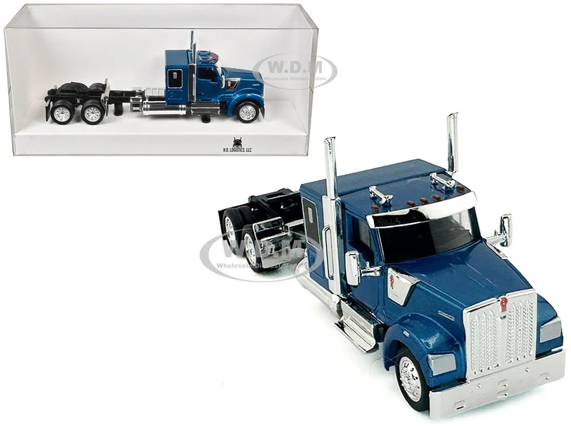 Kenworth W990 with Flat Top Sleeper Cab Blue Metallic 1/87 (HO) Plastic Model Car by HO Logistics - Kenworth Models
