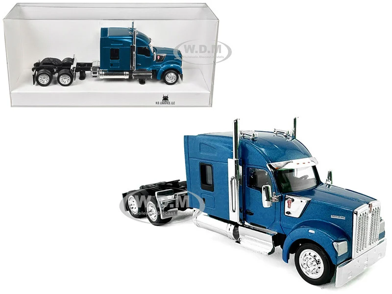 Kenworth W990 with Stand Up Sleeper Cab Blue Metallic 1/87 (HO) Plastic Model Car by HO Logistics - Kenworth Models