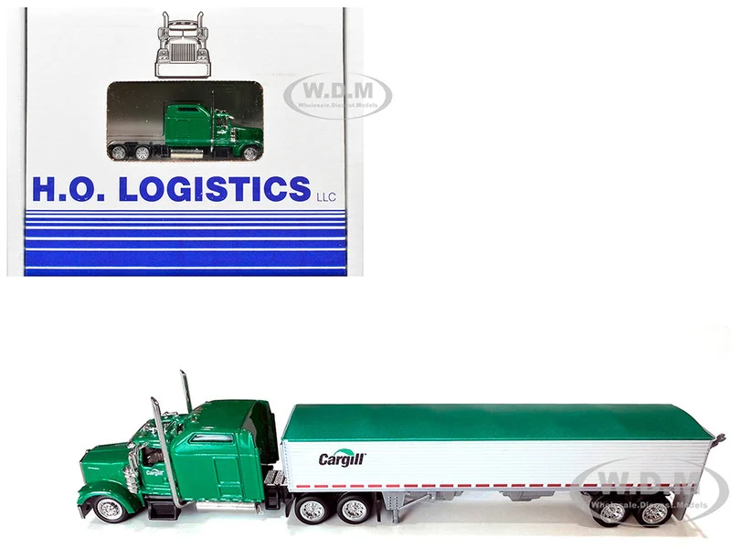 Kenworth W900L Truck Tractor with Sleeper Cab "Cargill" Green and Covered Grain Trailer White with Green Tarp Combo Set 1/87 (HO) Plastic Model Car by HO Logistics - Kenworth Models