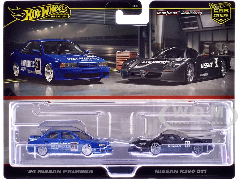 1994 Nissan Primera RHD (Right Hand Drive) #68 Blue and Nissan R390 GT1 #23 Matt Black "Car Culture" Set of 2 Cars Diecast Model Cars by Hot Wheels - Nissan Models