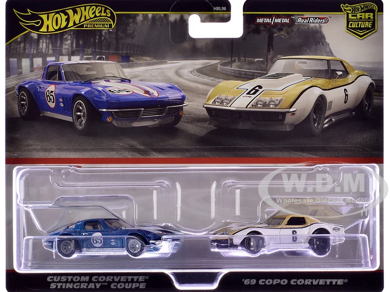 Chevrolet Custom Corvette Stingray Coupe #65 Blue Metallic with White Stripes and 1969 Chevrolet COPO Corvette #6 Gold Metallic and White "Car Culture" Set of 2 Cars Diecast Model Cars by Hot Wheels - Chevrolet Models