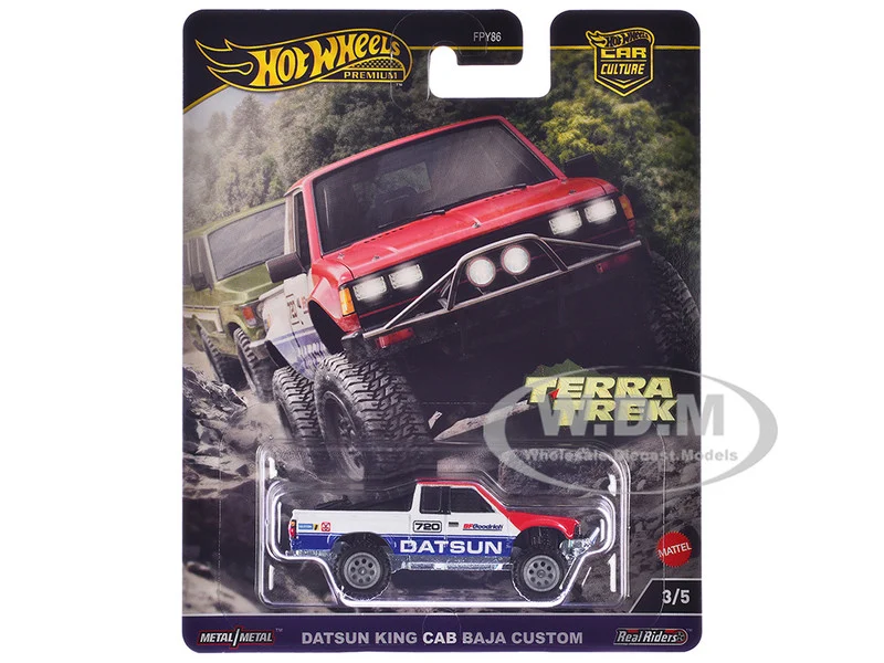 Datsun King Cab Baja Custom Pickup Truck #720 White and Blue with Red Hood "Terra Trek" Series Diecast Model Car by Hot Wheels - Datsun Models