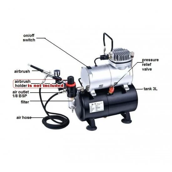 HSeng AS186K Single Cylinder Piston Compressor with Air Tank, Airbrush HS-30 and 1.8m Hose