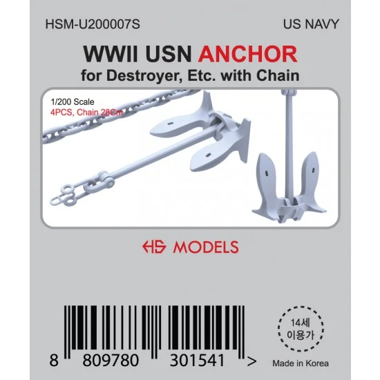 HS Models U200007S 1/200 WWII USN ANCHOR (4pcs) for Destroyer, Etc. w/28cm Chain - Model Ships & Boats