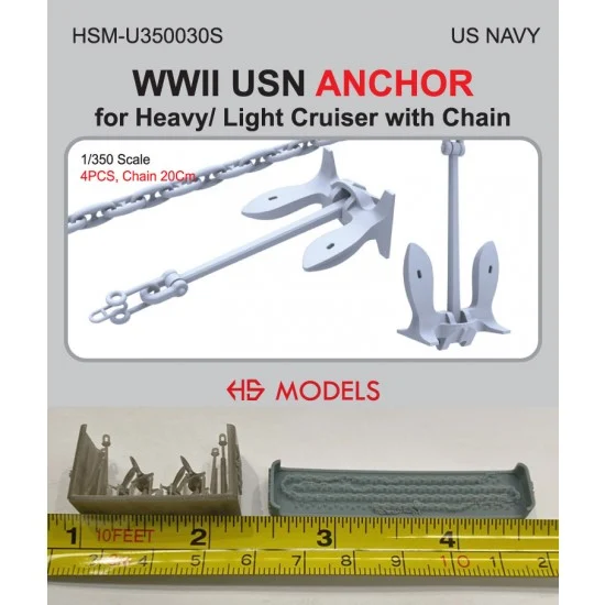 HS Models U350030S 1/350 WWII USN ANCHOR (4pcs) for Heavy/ Light Cruiser with 20cm Chain - Model Ships & Boats