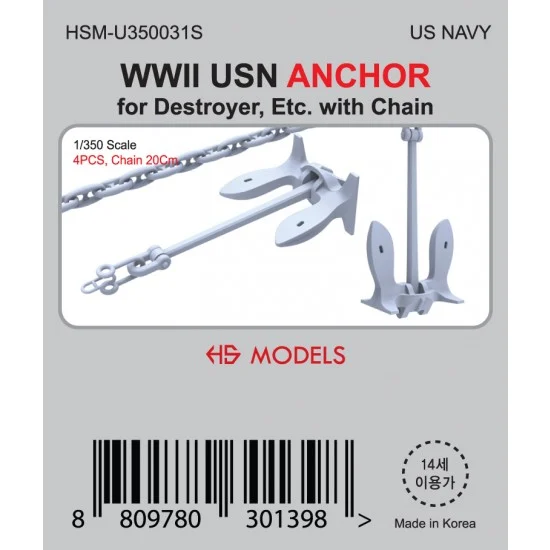 HS Models U350031S 1/350 WWII USN ANCHOR (4pcs) for Destroyer, Etc. with 20cm Chain - Model Ships & Boats