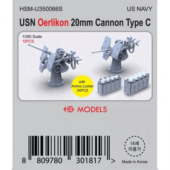 HS Models U350066S 1/350 USN Oerlikon 20mm Cannon Type C (15pcs) w/Ammo Locker (24pcs) - Model Ships & Boats