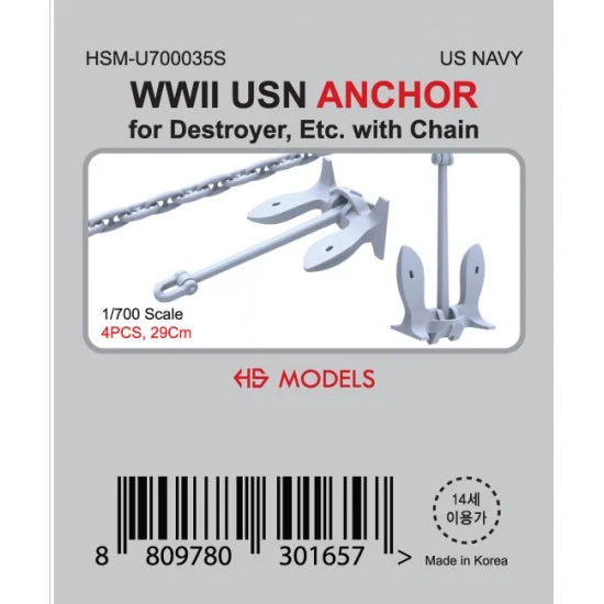 HS Models U700035S 1/700 WWII USN ANCHOR (4pcs) for Destroyer, Etc. with 29cm Chain - Model Ships & Boats