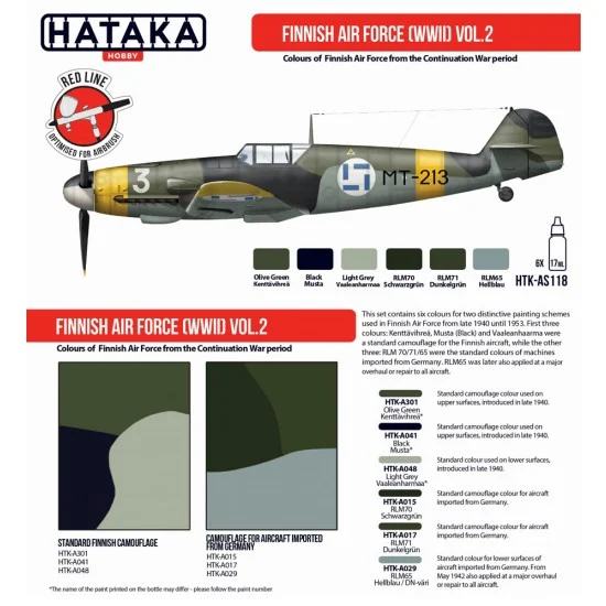 Hataka Hobby AS118 Acrylic Paint Set for Airbrush - WWII Finnish AF Vol. 2 (6x 17ml)