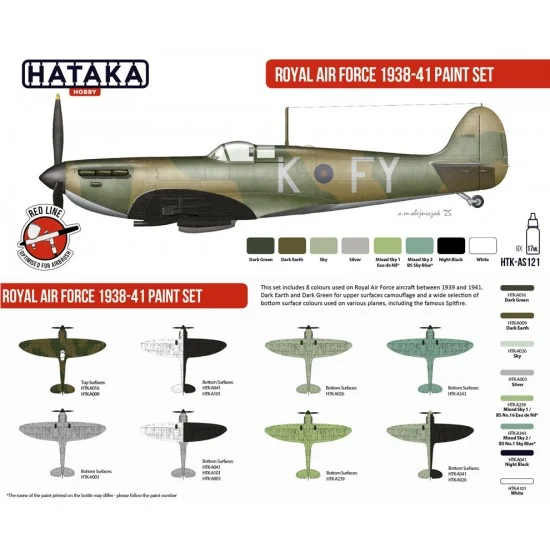 Hataka Hobby AS121 Acrylic Paint Set for Airbrush - Royal AF 1938-41 (8x 17ml)