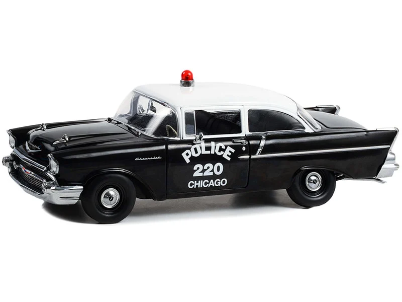 1957 Chevrolet 150 Sedan Chicago Police Department Black with White Top 1/18 Diecast Model Car by Highway 61 - Chevrolet Models
